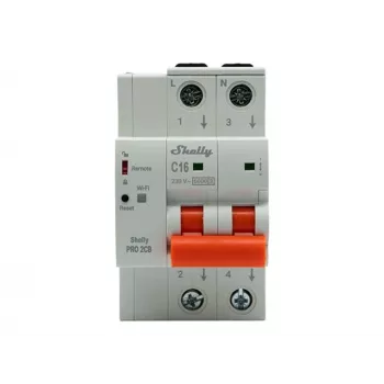 Shelly Pro 2CB C16 išmanusis miniatiūrinis automatinis jungiklis, 2 polių, 16A, C charakteristikos, 6kA, Wi-Fi/LAN/Bluetooth, energijos stebėjimas, DIN bėgelis