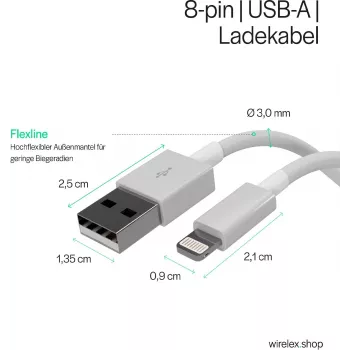 SHIVERPEAKS Flexline USB Charge & Sync Cable, USB-A į 8-Pin (Lightning), 2.0, ABS, balta, 1,5 m (FL31-12042)
