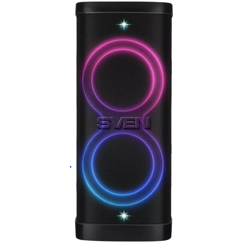Garsiakalbis Party Box SVEN PS-1250, juodas (300W, TWS, IPx4, Bluetooth, FM, USB, microSD, LED ekranas, 13500mAh)