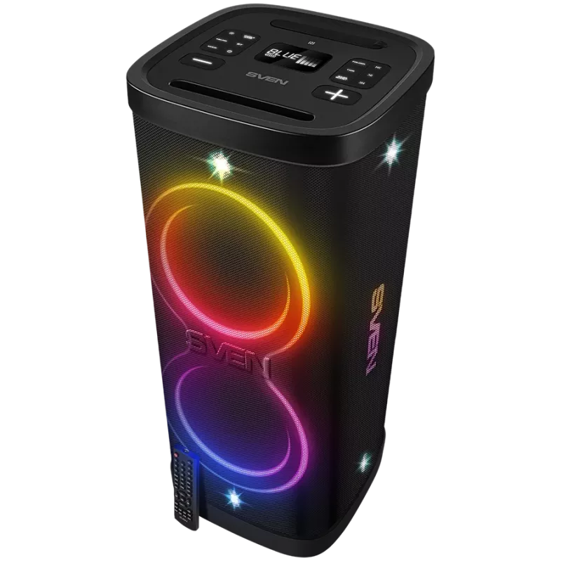 Garsiakalbis Party Box SVEN PS-1250, juodas (300W, TWS, IPx4, Bluetooth, FM, USB, microSD, LED ekranas, 13500mAh)