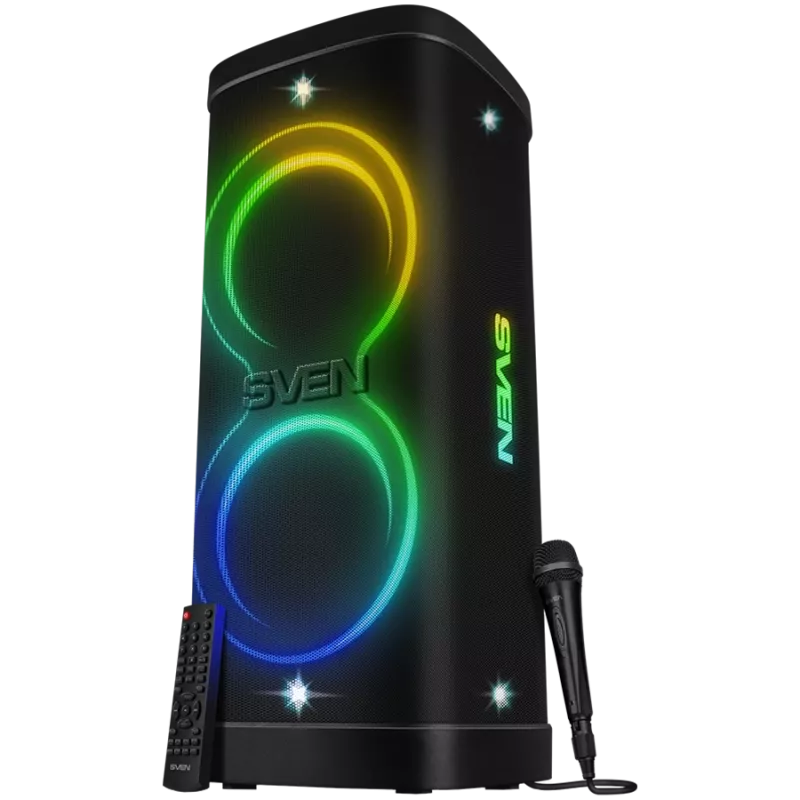 Garsiakalbis Party Box SVEN PS-1250, juodas (300W, TWS, IPx4, Bluetooth, FM, USB, microSD, LED ekranas, 13500mAh)