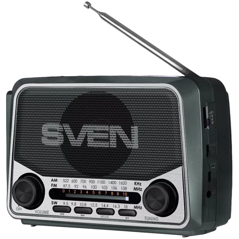 Garsiakalbis SVEN SRP-150, pilkas (3W, Bluetooth, FM/AM/SW, USB, microSD, žibintuvėlis, baterija)