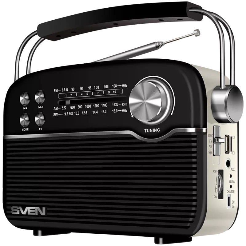 Garsiakalbis SVEN SRP-500, juodas (3W, Bluetooth, FM/AM/SW, USB, microSD, AUX, baterija)