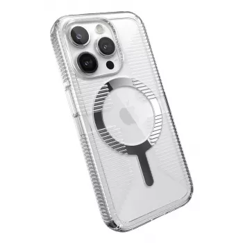Speck Gemshell Grip + MagSafe, skirta iPhone 15 Pro (skaidri / chromo apdaila)