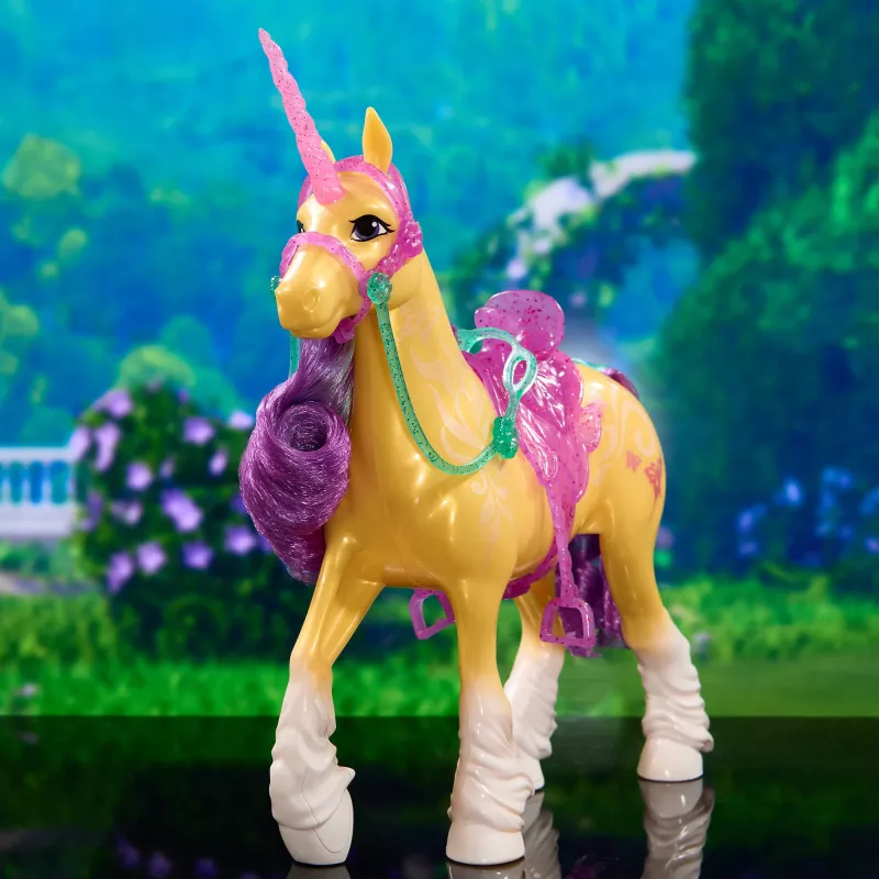 SPINMASTER Unicorn Academy - Einhorn Leaf (28 cm, su tikrais karčiais ir uodega, nuimama kamanėle, balneliu ir šepetėliu)