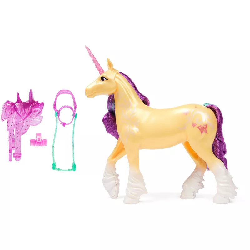 SPINMASTER Unicorn Academy - Einhorn Leaf (28 cm, su tikrais karčiais ir uodega, nuimama kamanėle, balneliu ir šepetėliu)