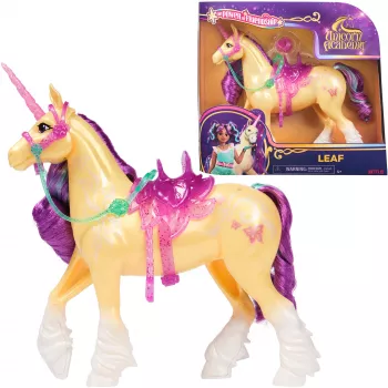 SPINMASTER Unicorn Academy - Einhorn Leaf (28 cm, su tikrais karčiais ir uodega, nuimama kamanėle, balneliu ir šepetėliu)
