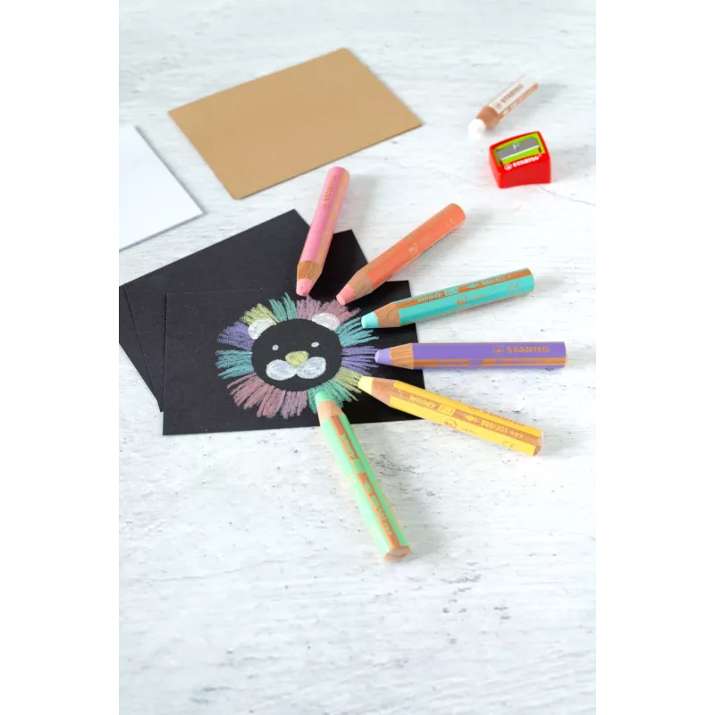 STABILO woody 3 in 1 Multitalentstift Pastel Spalvotų Pieštukų Rinkinys - 6 vnt., Apvalūs, FSC sertifikuoti, Vandenyje tirpūs