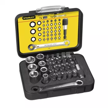 STANLEY 39 dalių 1/4 colio antgalių ir galvučių rinkinys su R.360NANO pasukama galvute ir reketu