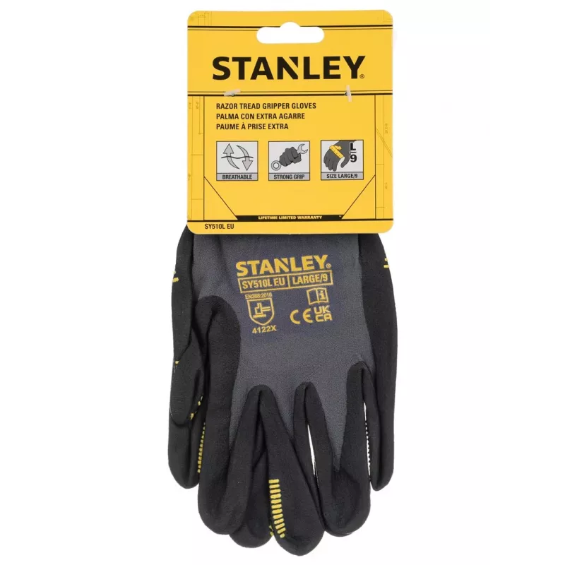 Stanley SY510L-QS Darbo pirštinės, dydis L (9) - sintetinės odos delnas, spandekso nugara, neopreno rankogalis, EN 388 sertifikuota, juoda/geltona