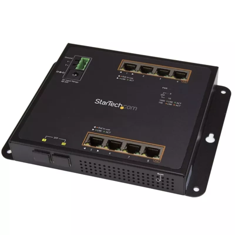 StarTech.com 8 prievadų PoE+ Gigabit Ethernet valdomas pramoninis jungiklis su 2 SFP prievadais - montuojamas ant sienos su priekiniu prieiga