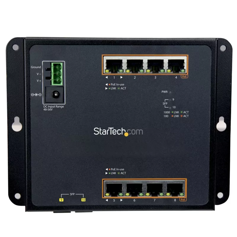 StarTech.com 8 prievadų PoE+ Gigabit Ethernet valdomas pramoninis jungiklis su 2 SFP prievadais - montuojamas ant sienos su priekiniu prieiga