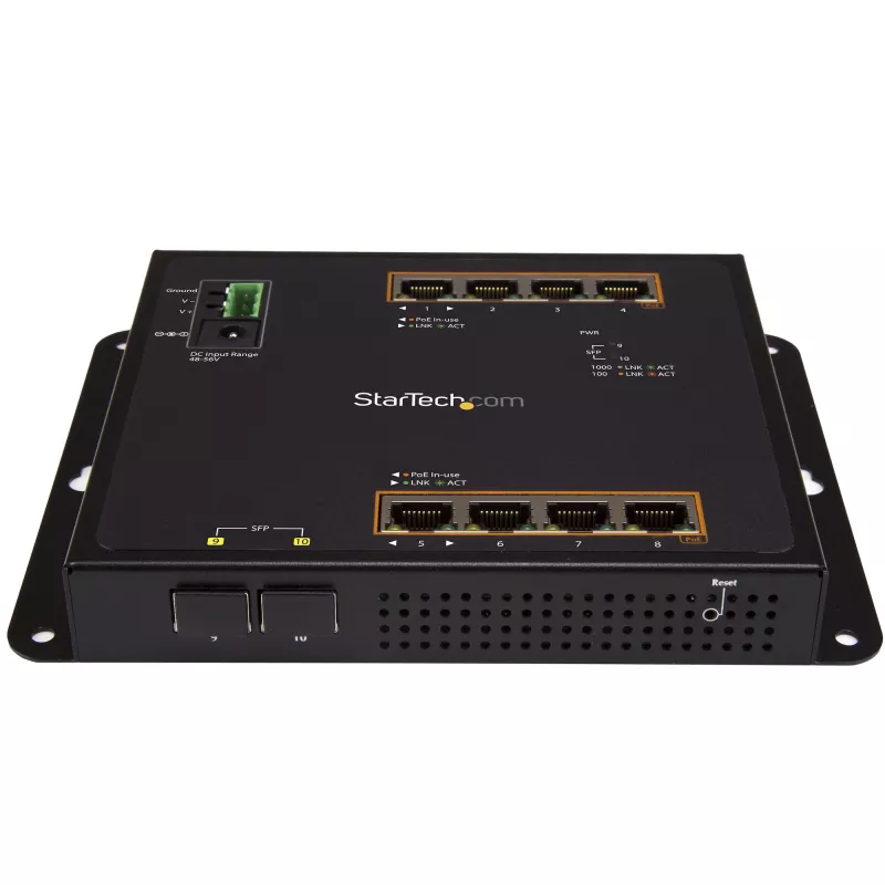StarTech.com 8 prievadų PoE+ Gigabit Ethernet valdomas pramoninis jungiklis su 2 SFP prievadais - montuojamas ant sienos su priekiniu prieiga