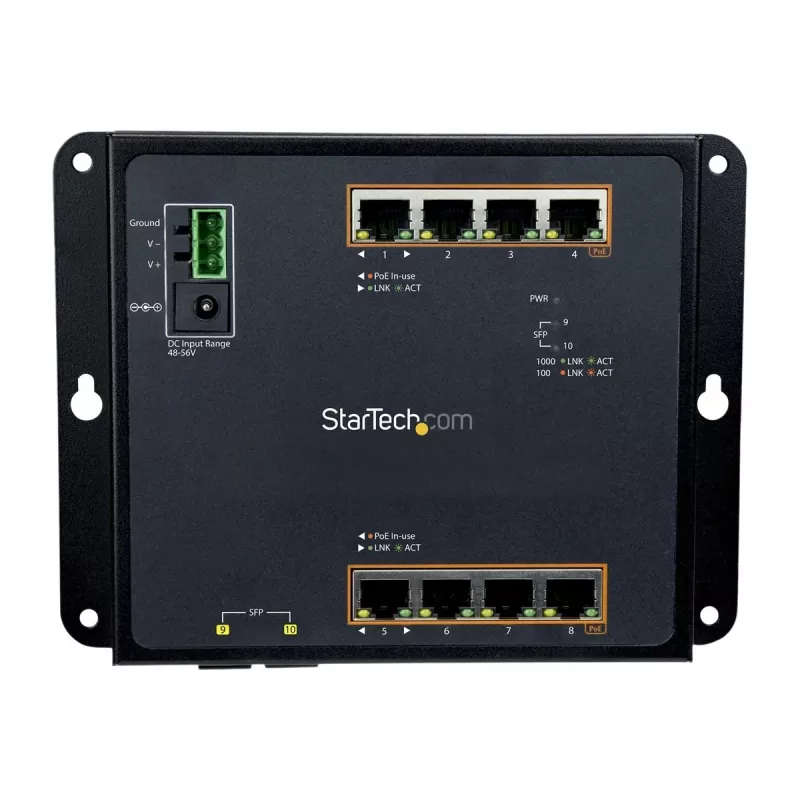 StarTech.com 8 prievadų PoE+ Gigabit Ethernet valdomas pramoninis jungiklis su 2 SFP prievadais - montuojamas ant sienos su priekiniu prieiga