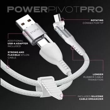 STATIK PowerPivot Pro Nylon Braided Cable, USB-C į USB-C, 1m, balta