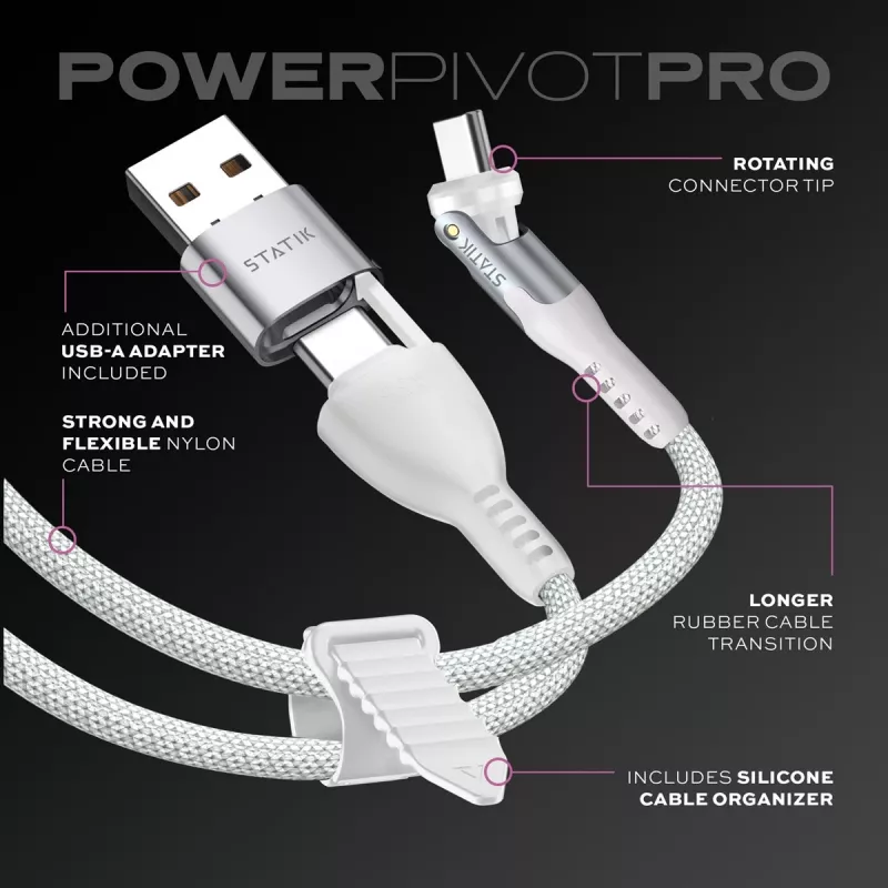 STATIK PowerPivot Pro Nylon Braided Cable, USB-C į USB-C, 1m, balta