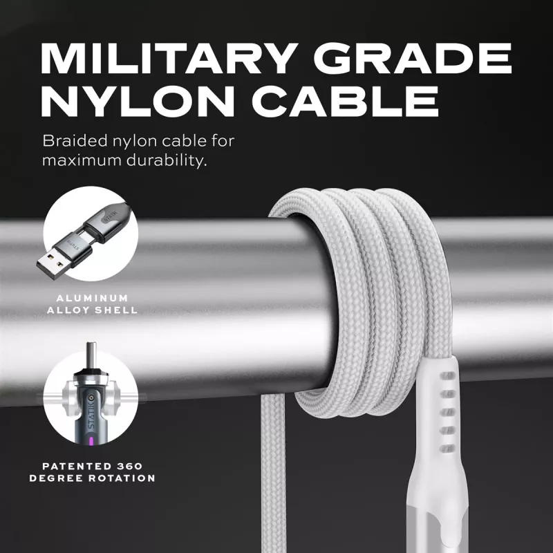 STATIK PowerPivot Pro Nylon Braided Cable, USB-C į USB-C, 1m, balta
