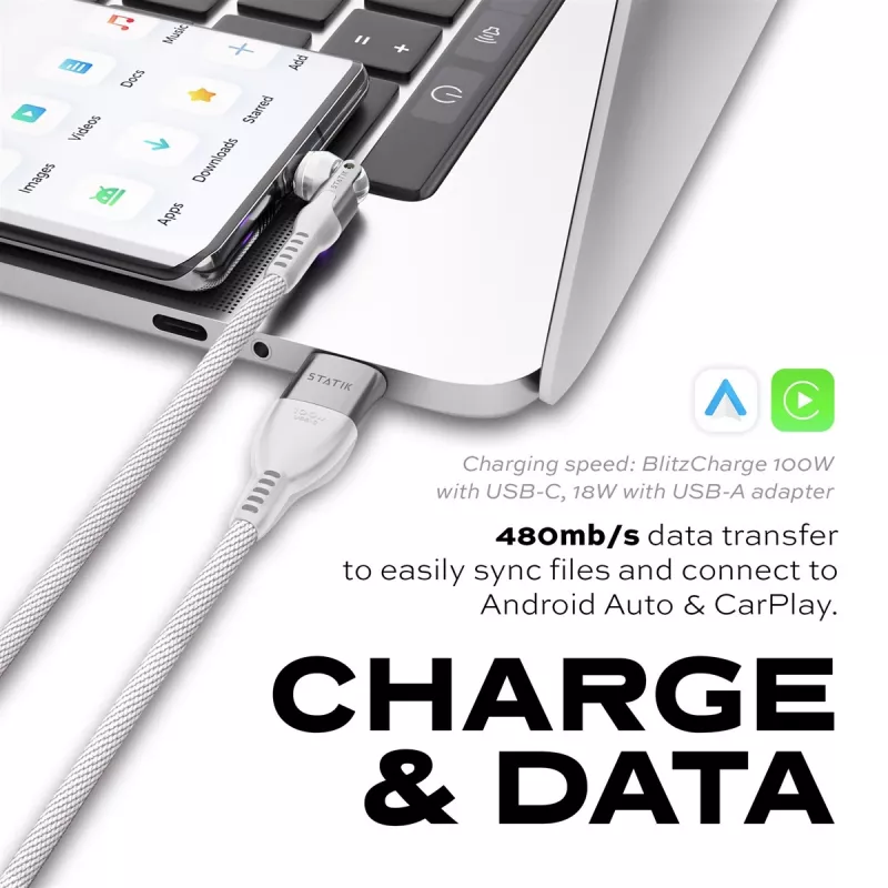 STATIK PowerPivot Pro Nylon Braided Cable, USB-C į USB-C, 3m, balta