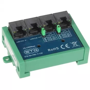 STG-SW-POE-4-120 4 prievadų Fast Ethernet PoE komutatoriaus prailgintuvas, 3x PoE+ 30W, 1x Uplink, 60W biudžetas, 250m Extend režimas