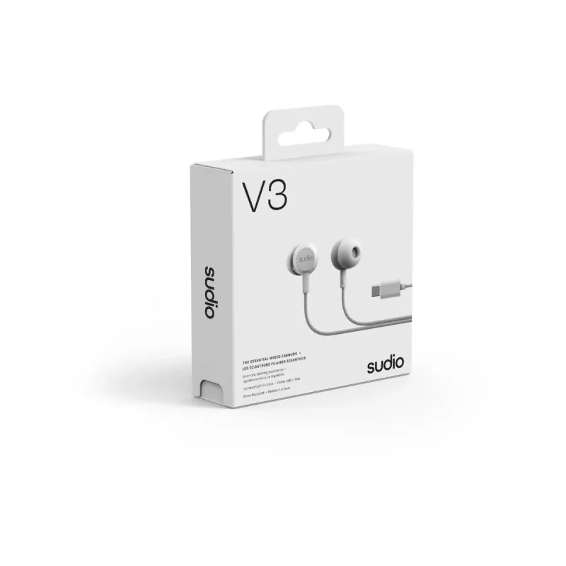 Sudio V3 visiškai belaidės ausinės su USB-C įkrovimo dėklu, dvigubi mikrofonai, jutiklinis valdymas, IPX4 atsparios purslams, pilkos baltos spalvos