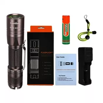 SUPERFIRE A6 Žibintuvėlis - 1200 liumenų P50 LED, 280 m šviesos spindulys, įkraunamas per USB, su reguliuojamu fokusavimu, IP44