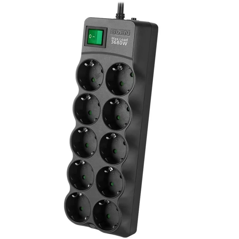 SVEN SF-10E-16 Apsauginis įtampos filtras, 10 lizdų, 16A, 3.6kW, 1.8m, juodas