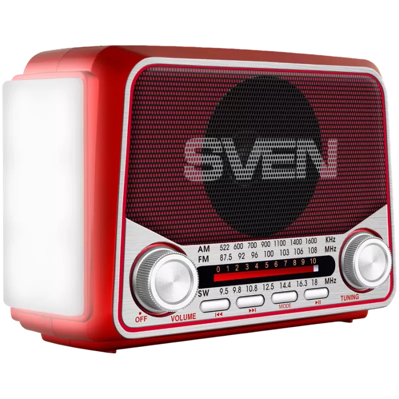SVEN SRP-150 nešiojamas garsiakalbis, raudonas (3W, Bluetooth, FM/AM/SW, USB, microSD, žibintuvėlis, baterija)
