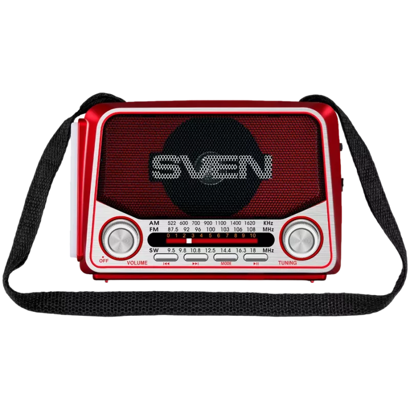 SVEN SRP-150 nešiojamas garsiakalbis, raudonas (3W, Bluetooth, FM/AM/SW, USB, microSD, žibintuvėlis, baterija)