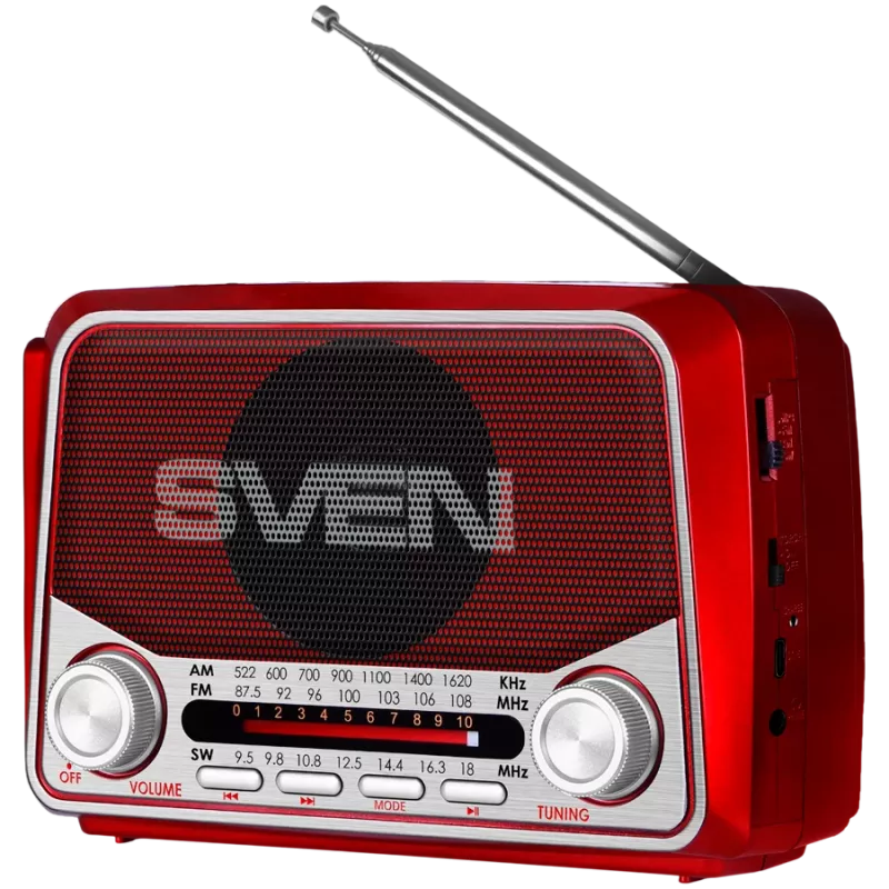 SVEN SRP-150 nešiojamas garsiakalbis, raudonas (3W, Bluetooth, FM/AM/SW, USB, microSD, žibintuvėlis, baterija)