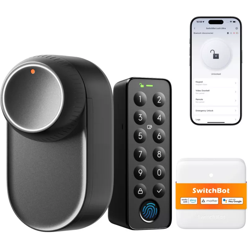 SwitchBot Smart Lock Pro rinkinys su Hub Mini Matter, Keypad Touch ir NFC kortele - balta