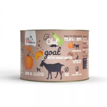 SYTA MICHA Chef Goat with Vegetables Mono šlapias šunų maistas, 200 g skardinė, be grūdų, hipoalerginis, suaugusiems