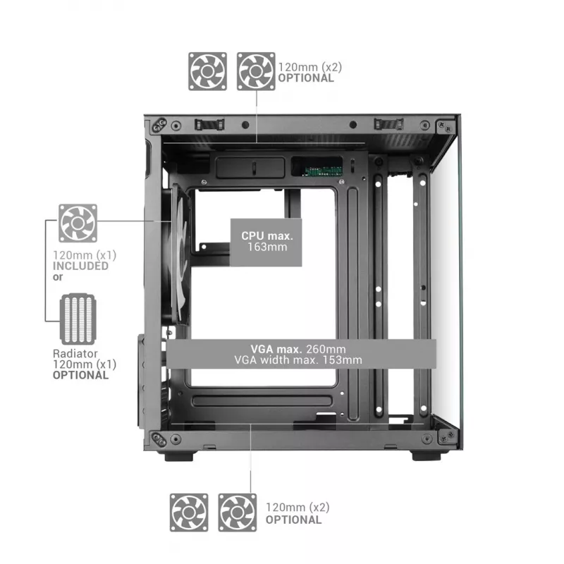 TACENS MARS MC-CUBE Micro-ATX korpusas, juodas, grūdintas stiklas, ARGB, USB-C