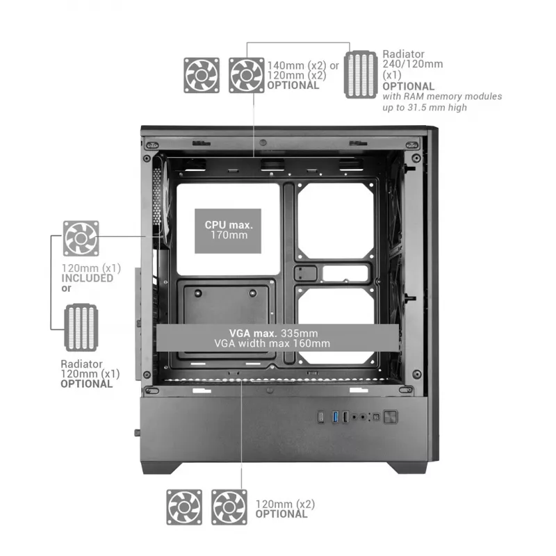 TACENS MARS MC-QUANTUM Mid-Tower ATX korpusas su 3x120mm FDB ventiliatoriais + 1x120mm ARGB ventiliatoriumi, USB-C, grūdintu stiklu, juodas
