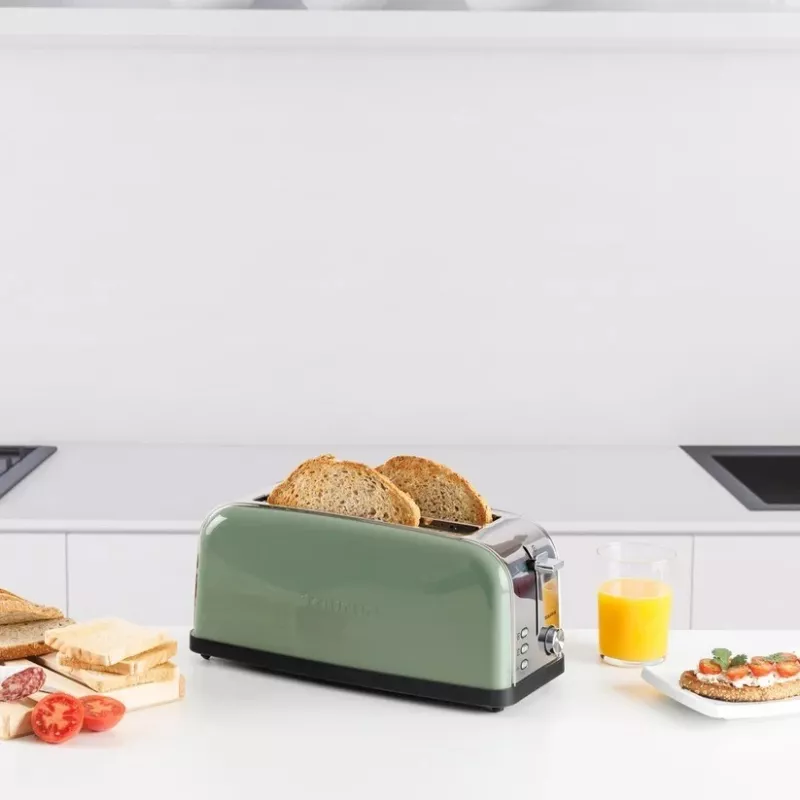 Taurus Vintage alyvuogių spalvos skrudintuvas, 1500 W, 2 ilgi lizdai, 7 skrudinimo lygiai, atšildymas, pakaitinimas, nerūdijantis plienas