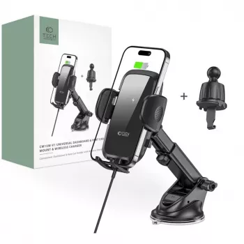 Tech-Protect CM15W-V1 Universal Car Phone Holder with 15W Qi Wireless Charger for Dashboard and Air Vent - Black