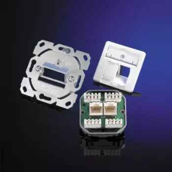 Telegärtner AMJ45 8/8 K Up/50 Cat.6A įleidžiama duomenų lizdų plokštė, 2x RJ45, ekranuota, perlamutrinė balta RAL 1013 J00020A0501