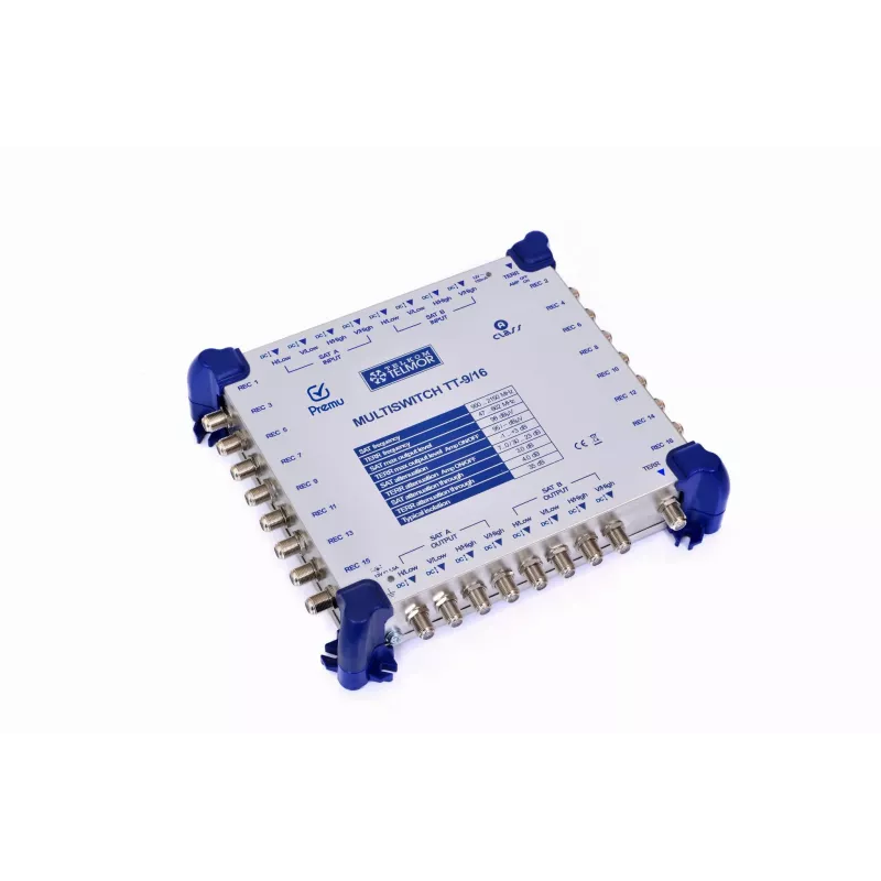 TELMOR Multiswitch 9/16 PREMU kaskaduojamas palydovinis multiswitch 8 SAT įėjimai 1 TER įėjimas 16 abonentų išėjimai 9 kaskados išėjimai F tipo jungtys