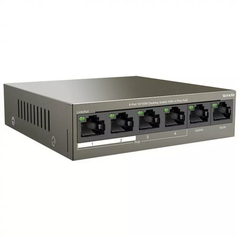 Tenda TEF1106P-4-63W PoE+ Switch, 6-Port Fast Ethernet, 4 PoE+ Portai, 63W Biudžetas, Bekvapis Darbalaukis