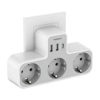 TESSAN Sieninis Kištukinis Lizdas TS-323-DE-C su 3 AC Kištukiniais ir 3 USB-A Prievadais, 16A, 3680W, Baltas