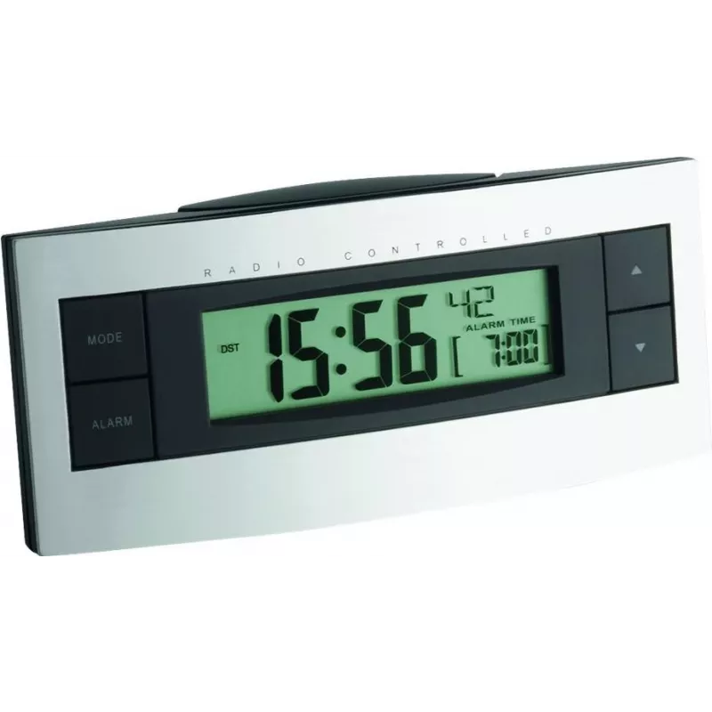 TFA 60.2511 Radio Controlled Alarm Clock - Black/Silver - LCD Display - Indoor Temperature - Snooze - Blue Backlight - 2x AAA