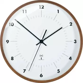 TFA Dostmann radijo bangomis valdomas sieninis laikrodis su mediniu rėmu, 25,5 cm skersmens, baltas ciferblatas, arabiški skaitmenys, maitinamas baterija, DCF77 98.1097