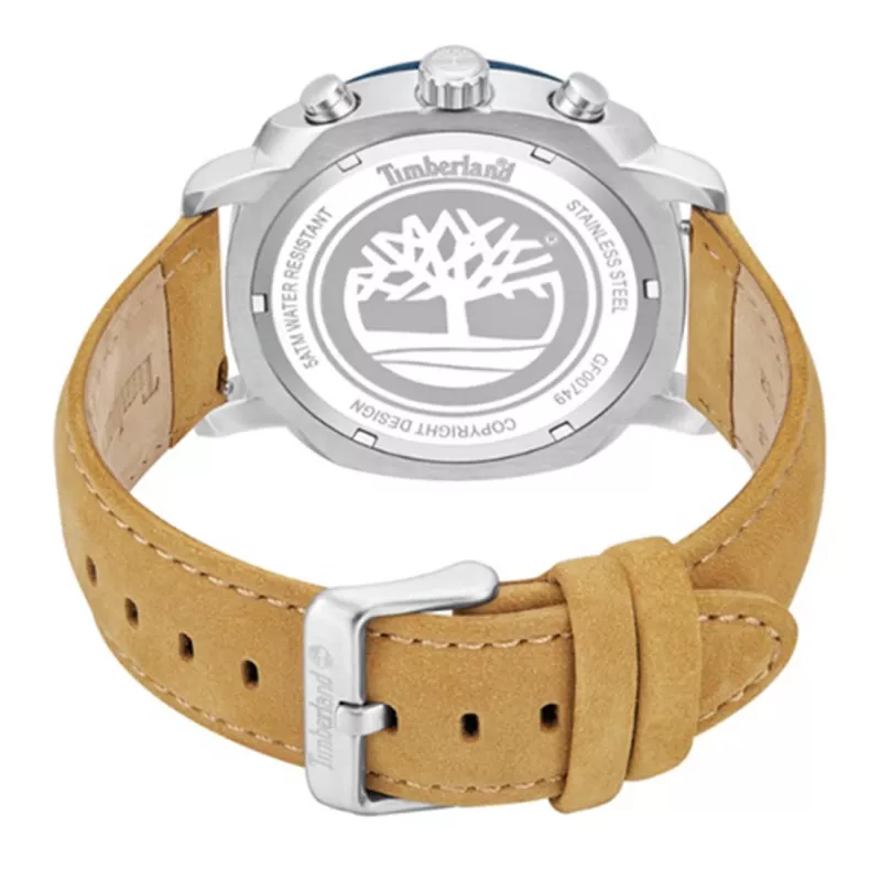 TIMBERLAND vyriškas analoginis kvarcinis laikrodis TDWGF0074901 - mėlynas ciferblatas, ruda odinė apyrankė, 46mm