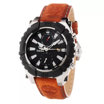 Timberland vyrų laikrodis TBL1331JS-02C 45mm nerūdijančio plieno kvarcinis analoginis juodas ciferblatas rudo odos dirželis