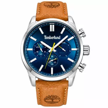 Timberland vyriškas laikrodis TDWGF0028702M (53 mm) – nerūdijančio plieno korpusas, rudos odos dirželis, juodas ciferblatas