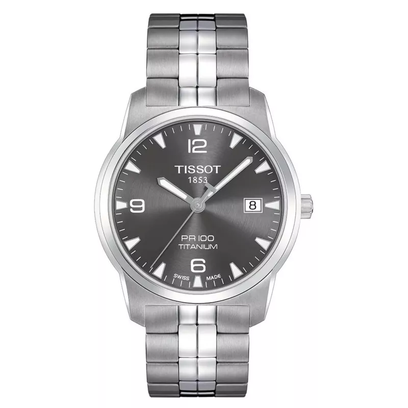 TISSOT PR 100 Vyriškas titaninis laikrodis 38mm Šveicariškas kvarcinis ETA F06.111 Antracito ciferblatas Safyro stiklas 100m atsparumas vandeniui