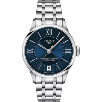 TISSOT T-Classic Chemin des Tourelles Moteriškas automatinis laikrodis 32mm mėlynas perlamutrinis ciferblatas su deimantiniais indeksais, nerūdijančio plieno apyrankė
