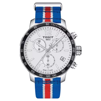 TISSOT T-Sport Quickster Vyriškas Chronografo Laikrodis 42mm Sidabrinis Ciferblatas Mėlyna ir Raudona Nailono Juosta T09541717371