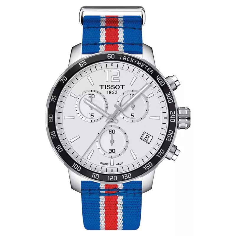 TISSOT T-Sport Quickster Vyriškas Chronografo Laikrodis 42mm Sidabrinis Ciferblatas Mėlyna ir Raudona Nailono Juosta T09541717371