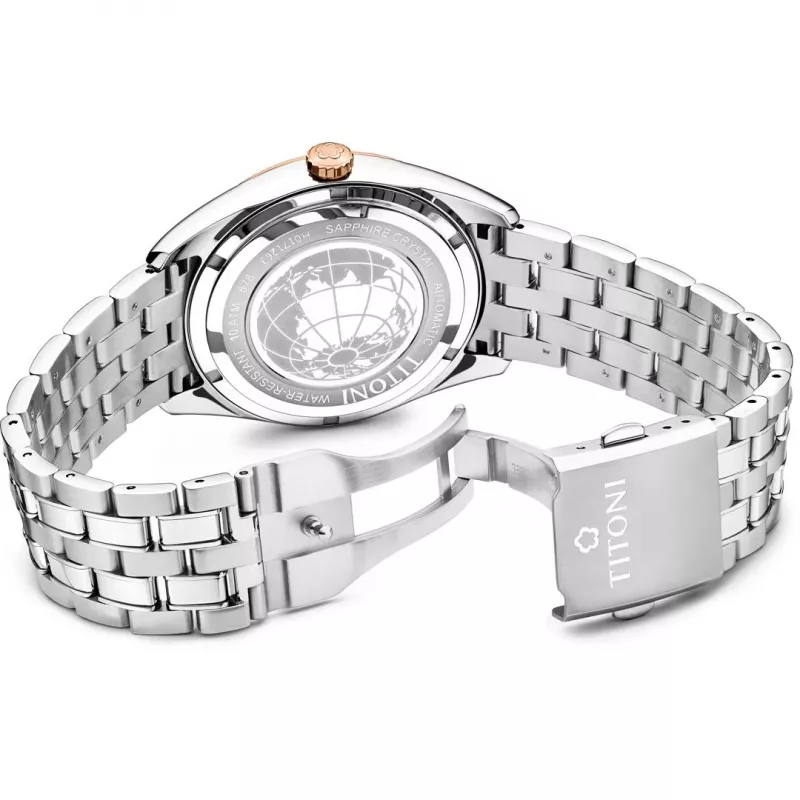 TITONI Airmaster Vyriškas Šveicariškas Automatinis Laikrodis 878SRG-657 41mm Rožinio Aukso PVD Nerūdijantis Plienas Ruda Oda