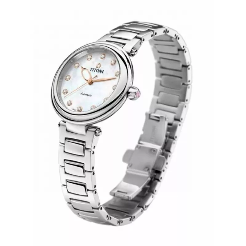 TITONI Moteriškas automatinis laikrodis 23978SRG-622 33,5 mm Rožinio aukso PVD nerūdijantis plienas Baltas perlamutro ciferblatas Deimantiniai valandų rodikliai